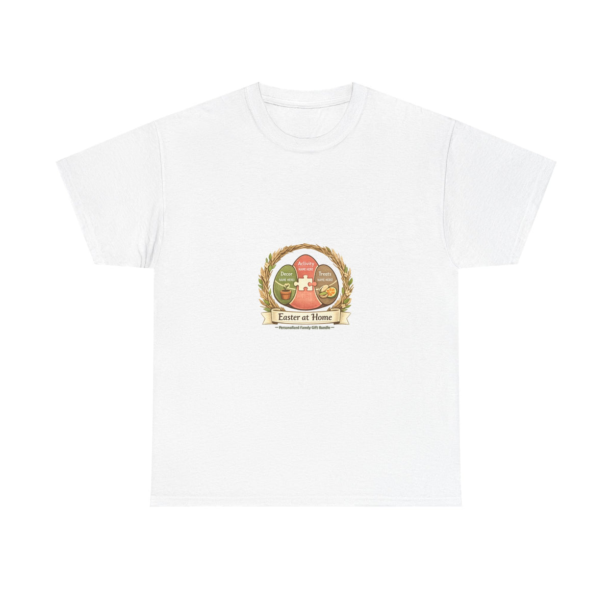A white short-sleeve crewneck t-shirt with a central graphic print of a cartoon Easter bunny in a red hat, surrounded by a gold wreath and a banner that reads 'Easter at Home'.