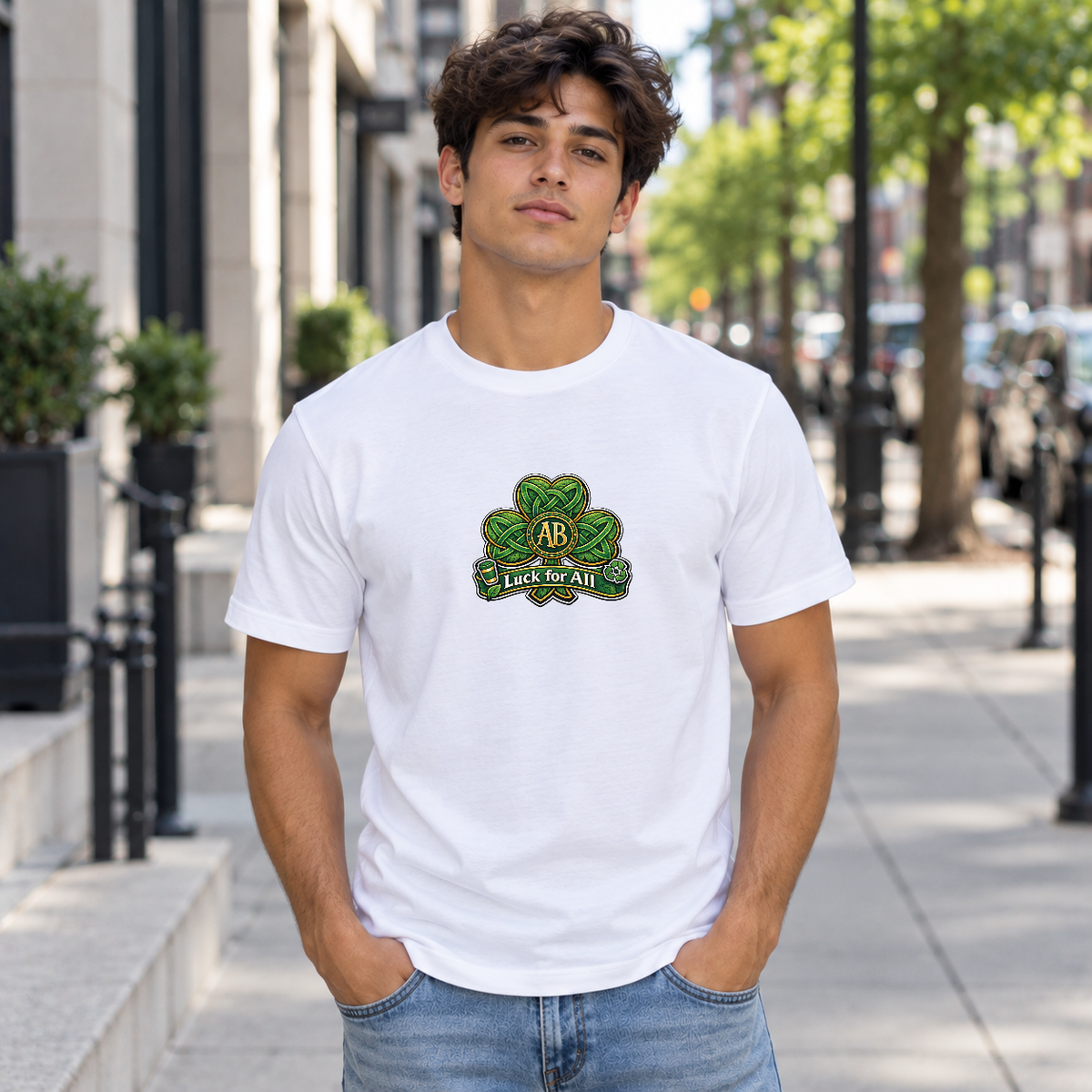 St. Patrick's Day Graphic Tee for Friends - Shamrock Burst Design - Lifestyle 2